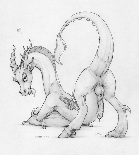 2014 <3 anus backsack balls bodily_fluids butt chimera claws discord_(mlp) draconequus ecmajor erection feathered_wings feathers friendship_is_magic genital_fluids genitals greyscale hasbro hooves horn looking_at_viewer looking_back male membrane_(anatomy) membranous_wings monochrome my_little_pony penis pillow precum presenting presenting_hindquarters raised_tail simple_background solo white_background wings // 838x935 // 472.8KB