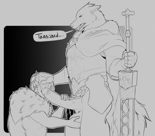 2022 anthro armor ball_fondling balls big_penis biped blaidd_(elden_ring) bottomless bottomless_anthro bottomless_male breastplate canid canine canis cloak clothed clothing digital_media_(artwork) duo erection fellatio fondling genitals hair hand_on_head hand_on_penis holding_object holding_sword holding_weapon human human_on_anthro humanoid_genitalia humanoid_penis interspecies larger_anthro larger_male long_hair male malemale mammal melee_weapon merffle oral penile penis scar sex size_difference smaller_human smaller_male sword tarnished_(elden_ring) video_games weapon wolf // 1280x1121 // 166.8KB