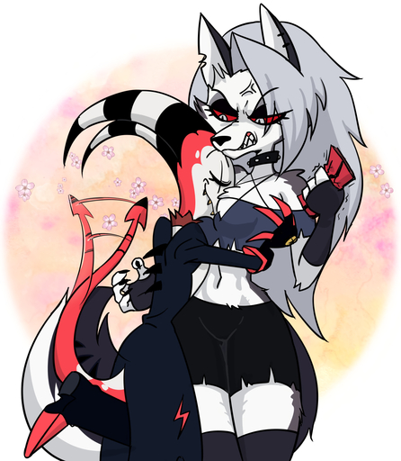 angry anthro blitzo_(vivzmind) bottomwear breast_smother breasts canid canid_demon canine canis centinel303 clothing collar cross-popping_vein daww demon ear_piercing ear_ring female hellhound helluva_boss hi_res hug humanoid loona_(vivzmind) male malefemale mammal piercing red_sclera shorts smothering tailwag vein wolf // 1133x1300 // 792.5KB