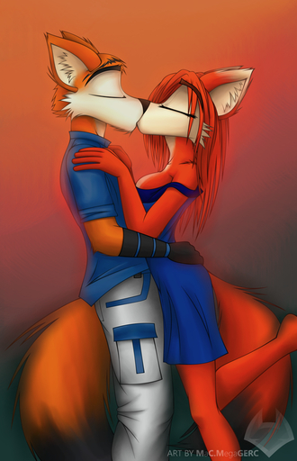 abstract_background anthro canid canine duo eyes_closed female fox hair kissing macmegagerc male malefemale mammal raised_leg red_hair romantic romantic_couple simple_background // 640x992 // 568KB