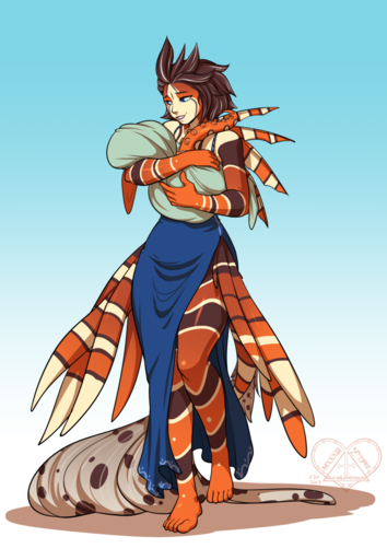 5_fingers ambiguous_gender anthro barefoot black_hair blue_eyes clothed clothing duo feet female fingers gradient_background hair hi_res kittydee lionfish simple_background smile young // 885x1280 // 545.0KB