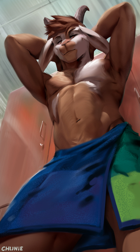 anthro athletic athletic_anthro athletic_male bovid brown_body brown_fur caprine chunie clothed clothing detailed_background digital_media_(artwork) fur goat hi_res horn inside locker_room low-angle_view male mammal solo topless towel towel_only white_body white_fur // 713x1280 // 397.6KB