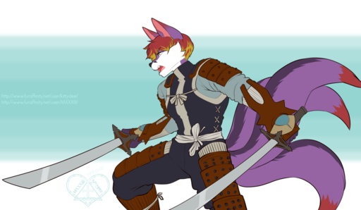 2018 anthro armor canid canine clothed clothing digital_media_(artwork) hair holding_object holding_weapon kittydee male mammal open_mouth red_hair simple_background solo teeth weapon // 1280x746 // 322KB