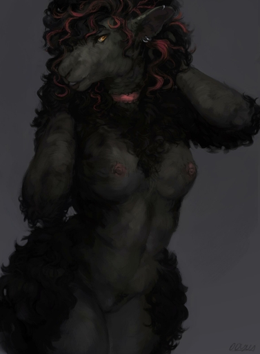 2016 absurd_res anthro areola black_body black_fur black_hair bovid breasts caprine conditional_dnp domestic_sheep ear_piercing female fur genitals grey_background hair hi_res long_hair looking_at_viewer mammal medium_breasts nipples nude oouna piercing pink_nipples pose pubes pussy seductive sheep simple_background smile solo wide_hips // 1842x2500 // 144KB