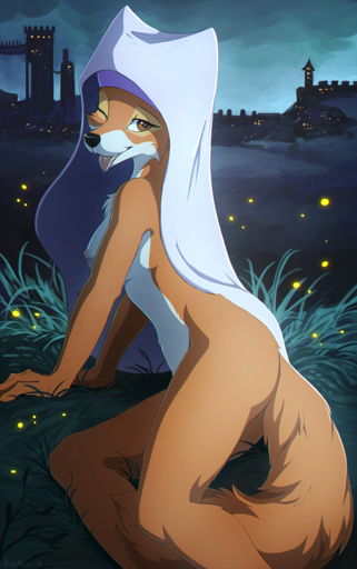 <3 anthro areola arm_support breasts brown_eyes canid canine cheek_tuft countershading detailed_background erect_nipples eyelashes facial_tuft female fox fur grass headdress hi_res hioshiru looking_back maid_marian mammal mostly_nude multicolored_body multicolored_fur naughty_face night nipples one_eye_closed orange_body orange_fur outside plant reclining smile solo tail_between_legs tongue tongue_out tuft two_tone_body two_tone_fur white_body white_fur wink // 803x1280 // 1.0MB