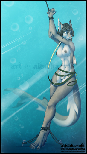 2013 alishka anthro behind_glass breasts female fish hair marine non-mammal_breasts rope scalie shark solo text underwater water yellow_eyes // 525x925 // 530.9KB