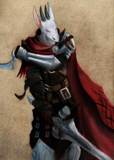anthro armor avyn_drax cape clothing colored_pencil_(artwork) dragon eyes_closed hi_res horn leather leather_armor melee_weapon red_clothing schizy solo sword traditional_media_(artwork) weapon white_body white_skin // 917x1280 // 2.4MB