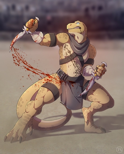 angry anthro arena battle blood bodily_fluids bottomwear clothed clothing dagger digital_media_(artwork) hi_res ismar lizard loincloth male melee_weapon muscular reptile scalie tres-art weapon // 1029x1280 // 215.7KB