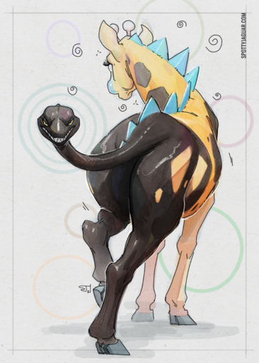 abstract_background ambiguous_gender butt cloven_hooves dizzy feral girafarig hooves living_tail looking_at_viewer mind_control pokemon_(species) presenting presenting_hindquarters sharp_teeth shiny_pokemon smile solo spottyjaguar tail_head teeth unusual_anatomy unusual_tail video_games white_eyes yellow_eyes // 643x900 // 965.6KB
