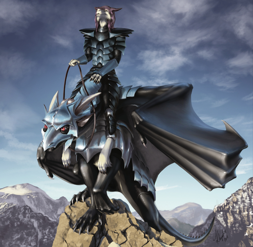 2013 ambiguous_gender anthro armor chainmail crouching digital_media_(artwork) digitigrade dragon duo feral hi_res high_place horn khyaber male mammal membrane_(anatomy) membranous_wings mountain outside pupils red_eyes reins riding scalie sergal sky slit_pupils straddling wings // 1987x1936 // 4.0MB