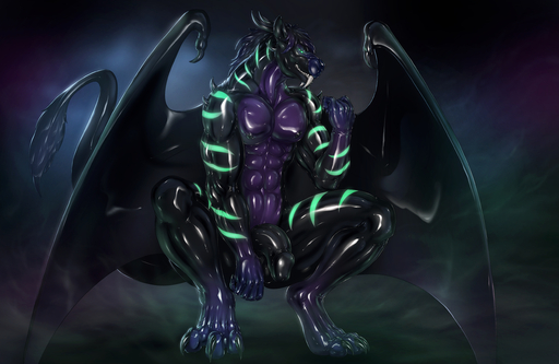 2017 3_toes 5_fingers abs absurd_res anthro balls biped black_penis blue_eyes claws countershading crouching dark_theme digital_media_(artwork) digitigrade dragon fangs feet fingers front_view fur genitals glistening gloves_(marking) glowing glowing_eyes grin hair half-erect hi_res horn humanoid_genitalia humanoid_penis leg_markings looking_at_viewer male markings membrane_(anatomy) membranous_wings muscular muscular_anthro muscular_male pecs penis pupils purple_body purple_countershading rakisha rubber sharp_teeth slit_pupils smile socks_(marking) solo stripes tail_tuft teeth toe_claws toes tuft wings // 5200x3386 // 6.4MB