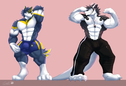abs agonylight anthro barefoot biceps big_muscles black_body black_fur black_nose bottomwear bulge canid canine canis chest_tuft claws clothed clothing digital_media_(artwork) discordnight dog_tags duo eyes_closed fangs feet flexing fur grey_background hair hi_res male mammal muscular obliques pants pecs sergal shorts simple_background smile standing teeth toe_claws topless triceps tuft white_body white_fur wolf yellow_eyes zupat // 2048x1398 // 155.9KB