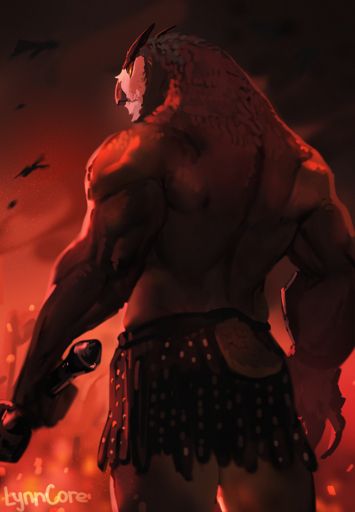anthro avian back_muscles beak bird clothed clothing holding_object holding_weapon looking_away lynncore male muscular muscular_anthro muscular_arms muscular_male owl partially_clothed rear_view solo topless weapon // 816x1178 // 1.6MB