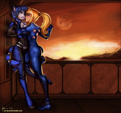 against_surface against_wall anthro blonde_hair blue_body blue_eyes blue_fur blue_hair bodysuit breast_squish breasts breasts_frottage canid canine cleavage clothed clothing crossover duo eye_contact female femalefemale fox fur hair hand_holding human krystal light_body light_skin looking_at_another mammal metroid nintendo ponytail proof_(artist) raised_leg rubber samus_aran seductive skinsuit spacesuit squish star_fox teasing tight_clothing video_games white_body white_fur zero_suit // 1200x1127 // 369.1KB