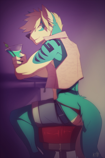alcohol anthro bar beverage biped butt canid canine canis clothing cocktail domestic_dog drinking girly grin hi_res holding_glass holding_object husky male mammal markings nordic_sled_dog patto side_view sitting smile solo spitz teran thong underwear // 852x1280 // 645.6KB