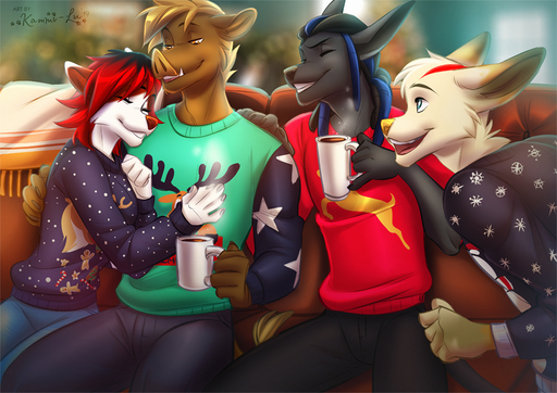 2019 5_fingers anthro beverage canid canine canis clothing cup digital_media_(artwork) domestic_dog fingers group hair holding_cup holding_object kammi-lu mammal open_mouth red_hair red_nose simple_background suid suina sweater teeth tongue topwear warthog white_background winter // 1000x707 // 517.0KB