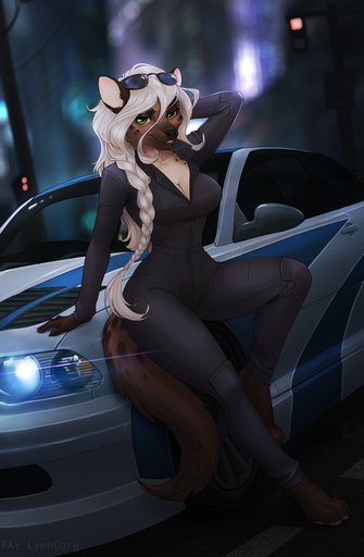 2019 4_toes anthro barefoot biped black_nose blurred_background braided_hair breasts brown_body brown_fur canid canine car claws cleavage clothed clothing digital_media_(artwork) digitigrade eyebrows eyelashes eyewear feet female fingers fur green_eyes hair hand_behind_head hi_res hyaenid hybrid jumpsuit leaning long_hair looking_at_viewer lora_henllan lynncore mammal outside small_waist smile solo spots spotted_body spotted_fur spotted_hyena sunglasses toe_claws toes vehicle video_games white_hair // 838x1280 // 952.3KB