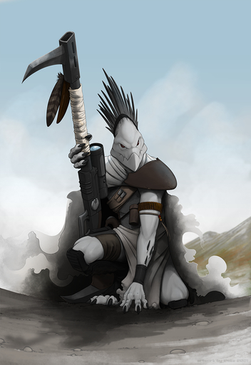 2021 alien armor barefoot clothed clothing day detailed_background digital_media_(artwork) feathers feet fully_clothed grey_body gun hi_res holding_gun holding_object holding_weapon ipoke kneeling kroot light lighting outside ranged_weapon science_fiction shaded weapon // 825x1200 // 755.5KB