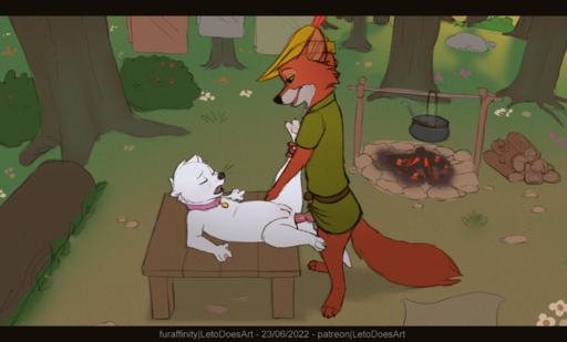 2022 2d_animation anal animated anthro canid canine clothing collar cooking_pot duo eyes_closed firewood fox genitals hat headgear headwear hi_res letodoesart lutrine male mammal mustelid pebble_(letodoesart) penis plant pussy robin_hood shrub towel tree // 1790x1080 // 4.5MB