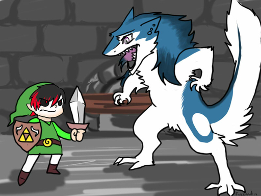 4:3 anthro black_hair chibi clothed clothing corpse-grinder danger detailed_background duo eerie_eden eerieeden elf fangs fight fully_clothed fuzznut hair hat headgear headwear holding_object holding_sword holding_weapon humanoid inside male mammal melee_weapon nintendo nude open_mouth red_hair sergal shield short_hair size_difference stone_wall sword the_legend_of_zelda tunic video_games wall_(structure) weapon // 800x600 // 64.8KB