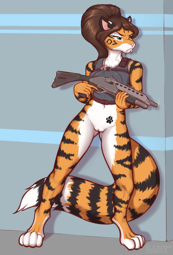 2019 alex_marx anthro armor body_armor bottomless casual_exposure clothed clothing colored_sketch digital_media_(artwork) fangs felid female genitals hair hi_res mammal pantherine paws pussy range_weapon reaper3d simple_background sketch solo story story_in_description stripes tiger weapon // 1300x1920 // 1.1MB