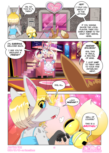 accessory anthro bell brothel clothing comic conditional_dnp eevee eeveelution english_text female feral flareon furgonomics group hi_res insomniacovrlrd jolteon leafeon mammal nintendo out-of-placers pokemon pokemon_(species) prostitution sylveon tail_accessory tail_bell text umbreon vaporeon veela video_games webcomic webcomic_character yellow_tail_tuft yinglet // 915x1280 // 1.0MB