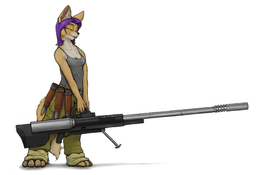 3:2 ammunition anthro anti-materiel_rifle bfg breasts canid canine eyes_closed female fox geena_gonorah gun hair happy holding_gun holding_object holding_weapon ipoke mammal military purple_hair ranged_weapon solo weapon // 1200x800 // 183.7KB