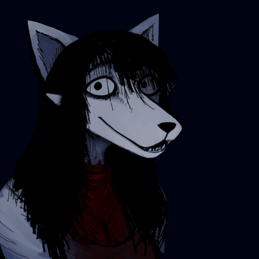 1:1 2020 anthro black_hair black_nose blood blood_on_clothing bodily_fluids breasts canid canine canis carol_(hladilnik) cleavage clothed clothing domestic_dog dress female hair hi_res hladilnik long_mouth mammal no_irises purple_background simple_background slit_throat smile solo undead wounded // 1280x1280 // 386.2KB