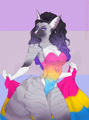 2019 5_fingers absurd_res anthro breasts clothed clothing digital_media_(artwork) felid feline female fingers flag fur hi_res lgbt_pride looking_at_viewer mammal one-piece_swimsuit pansexual_pride_colors pride_(disambiguation) pride_colors purple_eyes smile solo standing striped_body striped_fur stripes swimwear vexstacy // 2480x3334 // 349.5KB