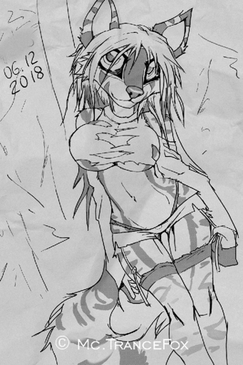 anthro armalita_(macmegagerc) breasts canid canine clothed clothing female greyscale looking_at_viewer macmegagerc mammal monochrome sketch smile solo standing torn_clothing under_boob wide_hips // 533x800 // 170.5KB