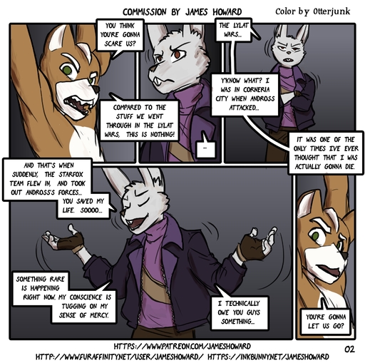 anthro arms_above_head bound canid canine clothed clothing comic dialogue digital_media_(artwork) duo english_text fox fox_mccloud hi_res james_howard lagomorph leporid male mammal otterjunk rabbit raised_arm text url video_games // 1821x1809 // 1.1MB