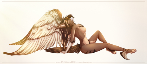 2014 anthro avian beak biped breasts feathered_wings feathers female gryphon inner_ear_fluff leaning leaning_back mythological_avian mythology non-mammal_breasts nude sitting slim smile solo tril-mizzrim tuft white_body white_feathers wide_hips wings yellow_eyes // 1500x658 // 1.3MB