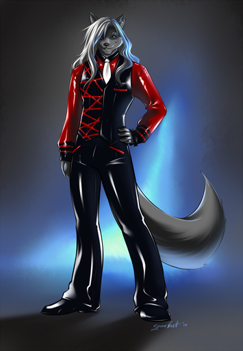 2010 anthro biped blue_eyes bottomwear canid canine canis classy clothed clothing fully_clothed hair hi_res long_hair looking_at_viewer male mammal necktie pants rubber smile solo spearfrost standing topwear vest white_hair wolf // 833x1200 // 674.2KB