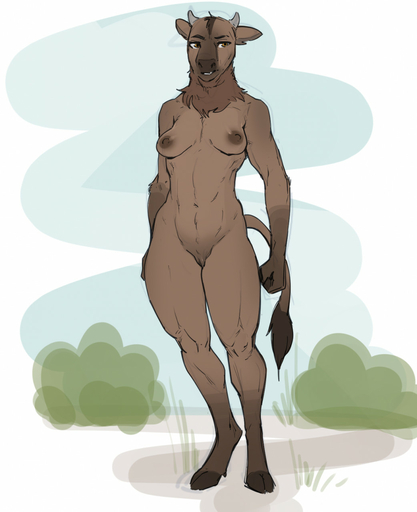 anthro bison bovid bovine breasts female fingers fist genitals gewitter grass hi_res hooves horn humanoid_hands mammal nipples nude outside plant pussy solo yellow_eyes // 1042x1280 // 133.3KB