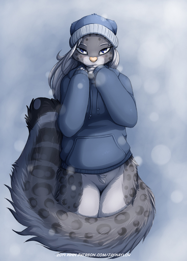 alicia_(jay_naylor) anthro barely_visible_genitalia barely_visible_pussy blue_eyes blush bottomless clothed clothing conditional_dnp crotch_tuft felid female fluffy fluffy_tail genitals grey_hair hair hi_res hoodie jay_naylor looking_at_viewer mammal pantherine pussy snow_leopard solo text topwear toque tuft url white_hair winter_hat // 1262x1754 // 762.9KB