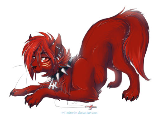 black_nose claws collar ear_piercing female feral fur hair hindpaw jewelry looking_at_viewer mammal necklace nude paws piercing red_body red_eyes red_fur red_hair simple_background solo text tril-mizzrim url white_background // 1024x755 // 479.3KB