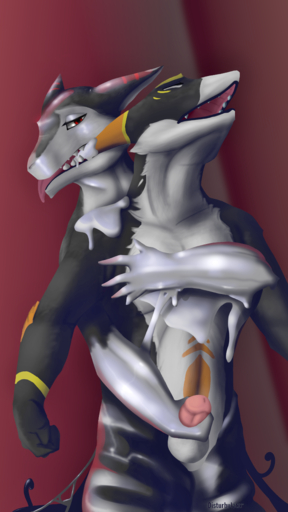 5_fingers 9:16 absurd_res anthro balls bite black_body disturbulator duo ear_bite fingers genitals gooey handjob hi_res humanoid_hands kronas male melting muscular muscular_male open_mouth orange_body penile red_background red_eyes rubber sergal sex sharp_teeth simple_background symbiote takeover teeth tongue tongue_out white_balls white_body xayr yellow_body // 2268x4032 // 5.6MB