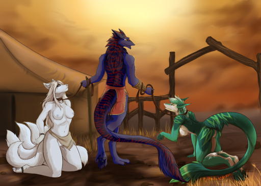 2017 absurd_res amber_wind anthro bdsm bottomwear bound breasts butt canid canine clothing collar domination female fox fur genitals group hi_res leash loincloth male mammal master multi_tail nei nipples nude paws pussy sergal slave // 3640x2600 // 5.9MB