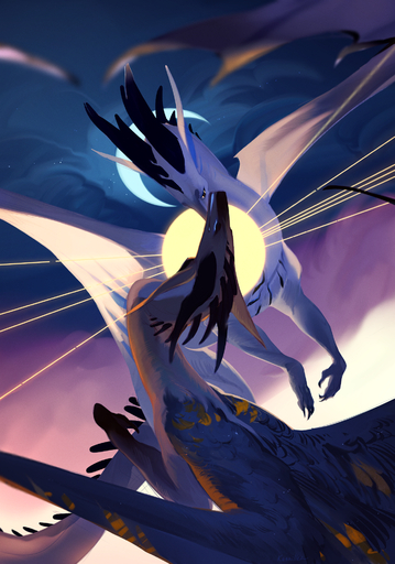 2019 claws digital_media_(artwork) dragon duo feral hi_res horn kassillea membrane_(anatomy) membranous_wings moon night outside scalie sky spines western_dragon wings // 1360x1941 // 3.5MB