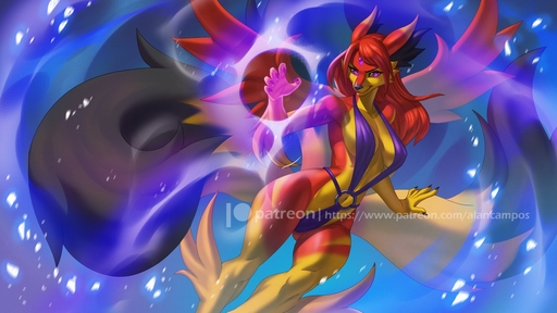 16:9 2020 alanscampos anthro back_tuft black_body black_fur breasts clothing digital_media_(artwork) female fur hair leg_tuft multi_tail navel one-piece_swimsuit pokemon_(species) psychic_powers purple_eyes red_body red_fur red_hair solo swimwear tuft two_toned_ears video_games watermark widescreen yellow_body yellow_fur // 1280x720 // 169.7KB