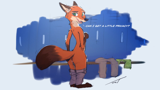 anthro butt canid canine dialogue fox locker_room looking_at_viewer male mammal solo trevart // 1280x720 // 121.3KB