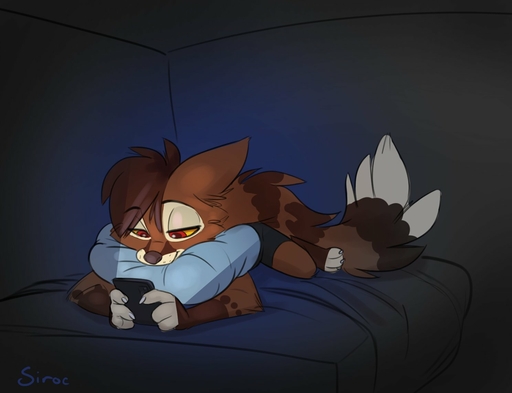 anthro bed brown_body brown_fur brown_hair cellphone detailed_background fluffy fluffy_tail fur furniture genet hair inside long_tail male mammal phone red_eyes siroc siroc_(character) solo viverrid watermark // 1488x1142 // 77.7KB
