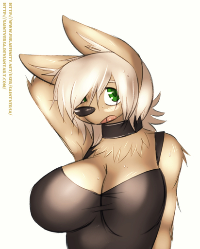 2015 anthro big_breasts blush bodily_fluids breasts brown_body brown_fur canid canine canis chest_tuft choker cleavage clothed clothing digital_media_(artwork) domestic_dog female fur green_eyes hair hand_behind_head hi_res jewelry mammal necklace open_mouth saintversa shirt shy simple_background solo sweat tan_hair tank_top topwear tuft white_background // 1133x1408 // 763.3KB