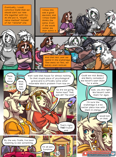 2019 anthro blue_eyes canid canine canis city clothed clothing comic day detailed_background digital_media_(artwork) domestic_cat domestic_dog english_text estella_(zummeng) evie_(zummeng) felid feline felis female green_eyes hair hi_res mammal outside pantherine sky smile text tiger white_hair zummeng // 1189x1600 // 1.6MB