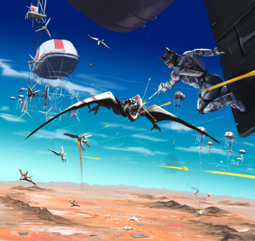 aerostat aircraft airplane airship anthro balloon battle biomechanical boots canid canine clothing desert footwear group gun hi_res high_altitude jaw jet jet_pack landscape machine male mammal marsonaut ranged_weapon robot science_fiction suit tracers vehicle weapon wind_turbine wings // 1272x1204 // 1.3MB