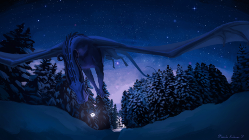 16:9 2019 4k absurd_res ambiguous_gender claws detailed_background digital_media_(artwork) digital_painting_(artwork) dragon feral floverale-hellewen flying hi_res horn membrane_(anatomy) membranous_wings night outside scalie sky snow solo spines star starry_sky western_dragon wings // 3840x2160 // 6.7MB