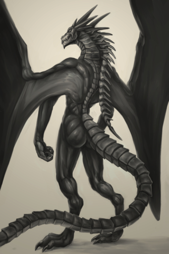 2015 2:3 anthro bahamut butt claws digitigrade dragon hi_res horn klongi male membrane_(anatomy) membranous_wings monochrome nude scalie smile solo thick_tail video_games western_dragon wings // 1200x1800 // 1.9MB