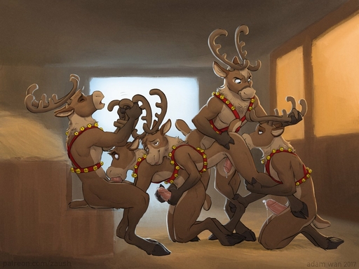 2018 4:3 anal anthro anthro_on_anthro antlers bent_over bodily_fluids brown_body brown_fur capreoline cervid chest_tuft christmas cum cum_string cum_while_penetrated digital_media_(artwork) ejaculation erection eyes_closed fellatio fur gangbang genital_fluids genitals group group_sex half-closed_eyes handjob hands-free holidays hooves horn horn_grab humanoid_genitalia humanoid_penis inside intraspecies leg_grab looking_at_another looking_down looking_up male malemale male_penetrated male_penetrating male_penetrating_male male_rimming_male mammal narrowed_eyes nude open_mouth oral oral_penetration orgasm penetration penile penis pink_penis precum reindeer rimming scut_tail sex sitting smile standing tuft two_tone_tail white_tail wide_eyed zaush // 1280x960 // 163.4KB