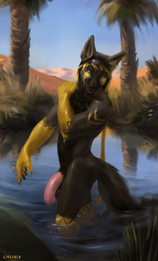 2018 abs anthro anubian_jackal balls biped black_body black_fur black_hair canid canine canis chunie claws desert detailed_background digital_media_(artwork) ear_piercing flaccid foreskin fur genitals hair hi_res humanoid_genitalia humanoid_penis jackal kryss looking_at_viewer male mammal markings nude oasis outside partially_submerged penis piercing plant sky smile solo standing tree water wet wet_body wet_fur yellow_body yellow_eyes yellow_fur yellow_markings // 774x1280 // 458.6KB