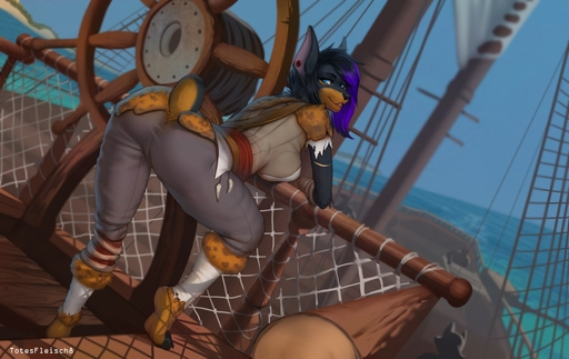 anthro bent_over black_hair blue_eyes blurred_background breast_squish breasts butt canid canine canis clothed clothing detailed_background digital_media_(artwork) dobermann domestic_dog fur gynomorph hair hi_res intersex looking_back mammal multicolored_hair pinscher pirate presenting presenting_hindquarters purple_hair ship smile solo squish totesfleisch8 two_tone_hair vehicle water watercraft zoey_(dirtyrenamon) // 2560x1616 // 357.9KB